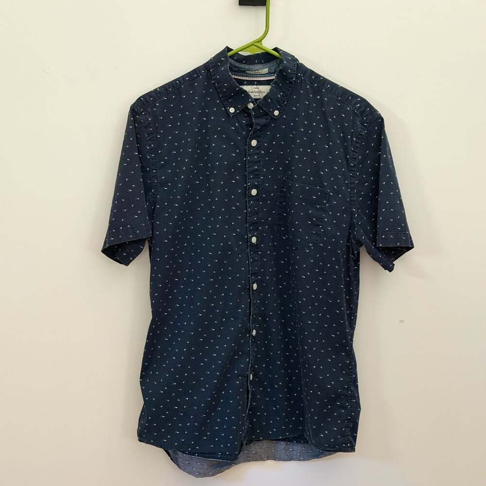 Hawker Rye Short Sleeve Button Down Shirt Navy Blue Print